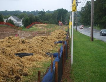 An easement where Sunoco Pipeline is preparing for construction of the Mariner East 2 pipeline. A homeowners group is asking a court to halt construction in that location until Sunoco comes up with a plan to mitigate contaminated soil on the site. (Jon Hurdle/StateImpact)