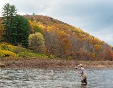 Dan Plummer fishes for trout in the Delaware River, Delaware County New York. The Delaware River Basin Commission has proposed a ban on fracking along the river.
