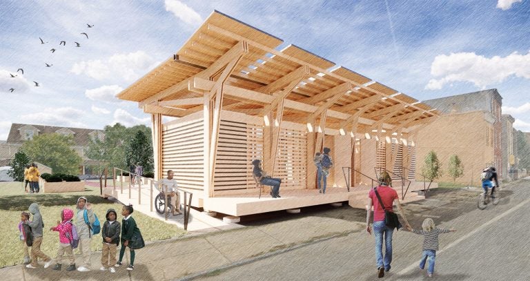 lead image for 10KOECO An artist's rendering of the Sala Keturah STEM Pavilion designed by Nyasha Felder and under construction at North Philly Peace Park. (Courtesy of North Philly Peace Park)