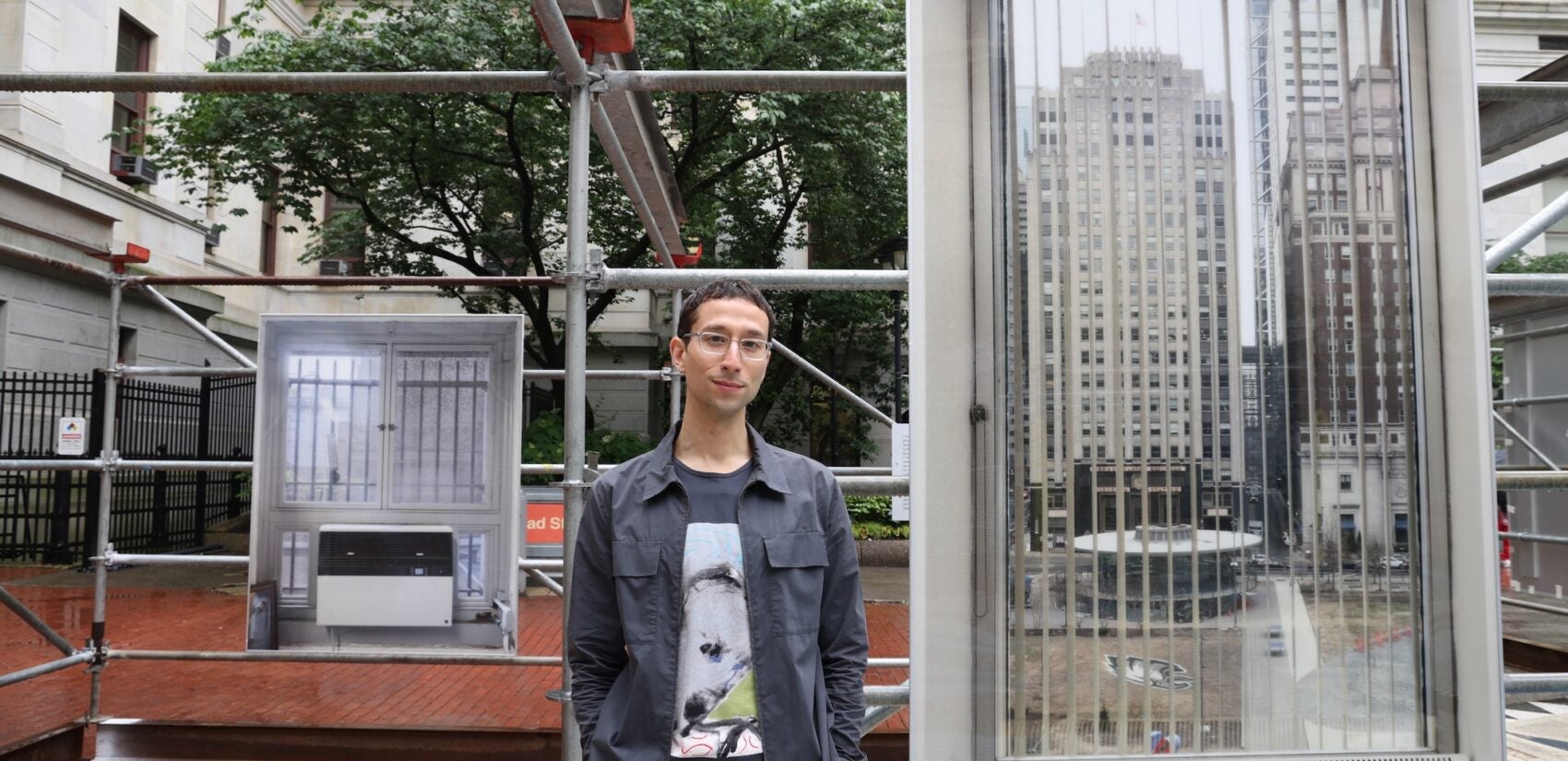2025 05 22-e lee-emilio martinez poppe-philadelphia city hall courtyard-city views art installation artist Emilio Martínez Poppe with his Civic Views exhibit