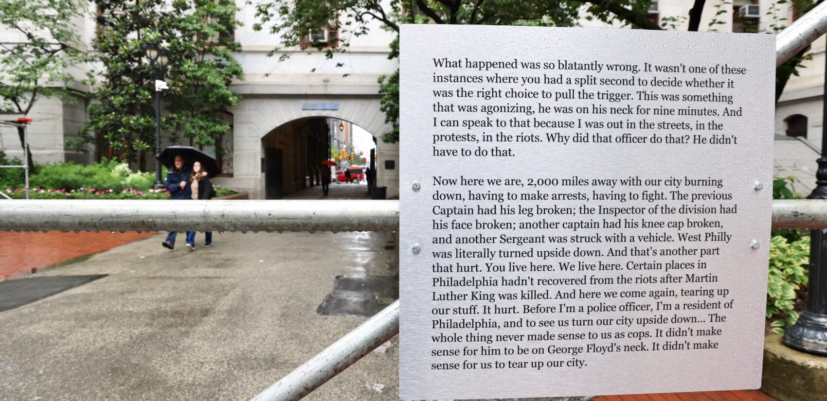 2025 05 22-e lee-philadelphia city hall courtyard-city views art installation text police department a written transcript of the officer's thoughts on the George Floyd killing